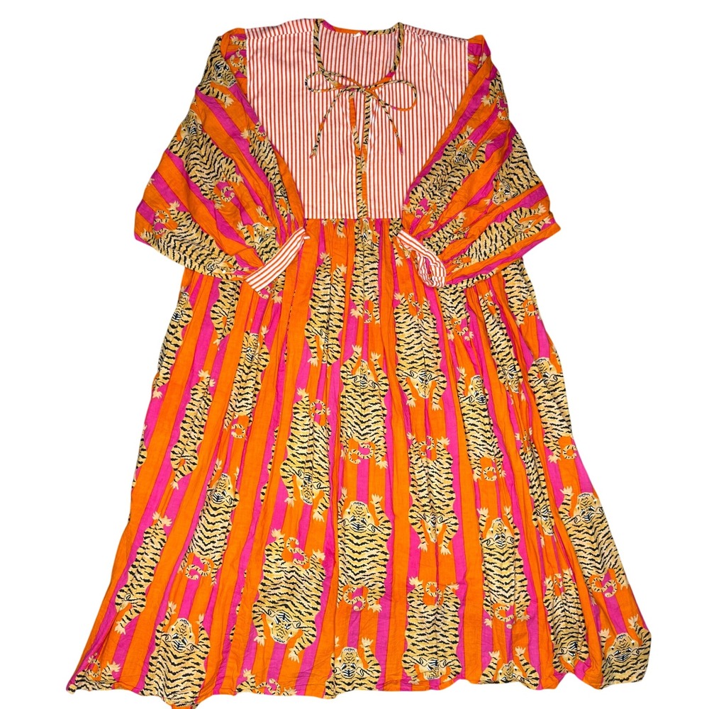 House of Sundar XXL Midi Dress Orange Tiger Hand Block Print Cotton Boho - Picture 3 of 6